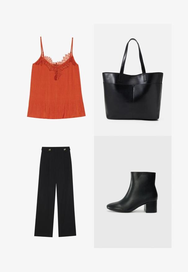 Narančasta top majica na bretele s tankim trakama, čipkastim izrezom i nabranim teksturom kroz cijeli materijal.; Crne hlače širokih nogavica s visokim strukom, s dugmadi na pojasu i prednjim nabora.; Crne kožne čizme do članaka s uskim vrhom i debelim potplatom. Glatka tekstura s minimalnim detaljima i elegantan, prilagođen dizajn.; Crna kožna torba s dugim ručkama, glatkom teksturom i strukturiranim oblikom. Ima prednju džep za dodatno pohranu.