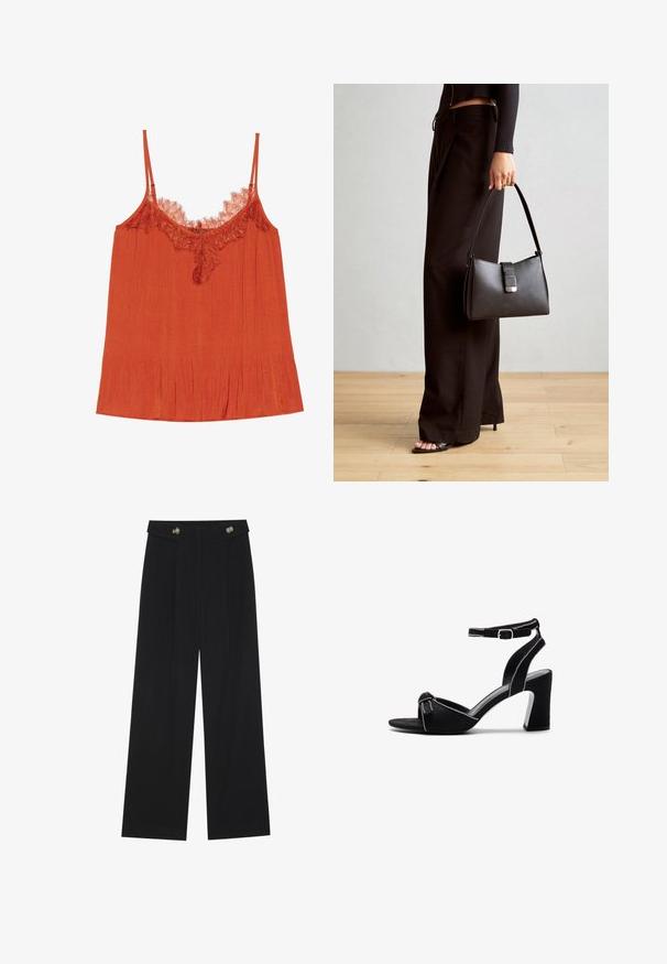 Orange camisole top med tynde stropper, en blondekant ved halsudskæringen og en plisseret tekstur i hele stoffet.; Sorte vide bukser med høj talje, knapdetaljer på taljebåndet og frontfald.; Sorte ruskind hælede sandaler med en bred blokhælt, justerbar ankelrem, åben tå-design og kontrasterende syninger.; Sort håndtaske med struktureret form, glat overflade og metalspænde. Sammen med brede sorte bukser og sandaler med åben tå på trægulv.