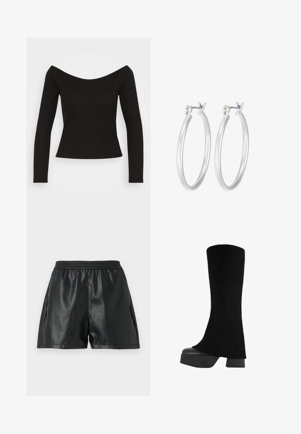 Schwarzes, geripptes Langarmoberteil mit One-Shoulder-Design und figurbetonter Silhouette. Glatte Textur mit einem leicht dehnbaren Stoff für Komfort.; Schwarze Shorts aus Kunstleder mit elastischem Bund, die eine glatte Textur und einen lockeren Schnitt bieten. Keine sichtbaren Muster oder Akzente.; Schwarze knielange Stiefel mit einem gerippten Stoffobermaterial, klobiger Plateausohle und Blockabsatz, ausgestattet mit einer glatten Textur und elegantem, modernem Design.; Silberne Creolen mit einer glatten, polierten Oberfläche. Runder Form und sicherem Klickverschluss. Leichtes Design, geeignet für den täglichen Gebrauch.