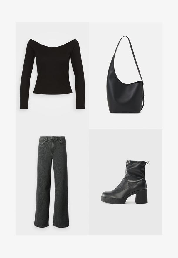 Crna rebrasta bluza dugih rukava s dizajnom bez ramena i priljubljenim siluetom. Glatka tekstura s malo rastezljivim materijalom za udobnost.; Široke traperice od tamno sive denima, s nježnom zebrom uzorak tekstura, kontrastnim šavovima i dizajnom s pet džepova uz dugme.; Crne gležnjače od glatke kože, s bočnim zatvaračem, debelim teksturiranim potplatom i dizajnom s zaobljenim prstima.; Crna kožna hobo torba s glatkom teksturom, zakrivljenim oblikom i jednom podesivom trakicom; ima širok otvor na vrhu.
