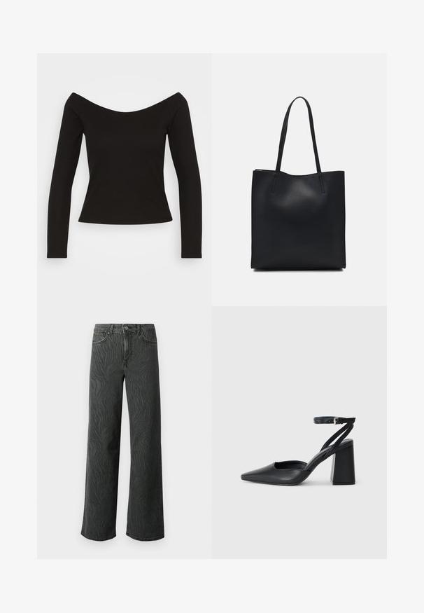 Juoda raukšlėta ilga rankovė viršutinė dalis su off-shoulder dizainu ir prigludusia siluetu. Lygi tekstūra su šiek tiek elastinga medžiaga patogumui.; Platus džinsai tamsiai pilkoje denimo medžiagoje, su subtiliu zebro rašto tekstūra, kontrastinėmis siūlėmis ir penkių kišenių dizainu su mygtukiniu užsegimu.; Juoda odinė smailiagalė aukštakulnio bateliai su kulkšnies dirželiu ir storu kulnu. Lygus paviršius, elegantiškas dizainas ir minimalistiška estetinė. ; Juodas odinis tote krepšys su lygia tekstūra, stačiakampio formos ir dviem ilgais rankenomis. Matomų metalinių detalių ar puošybos nėra.