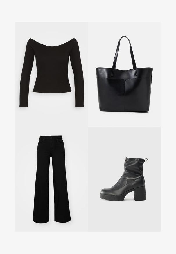 Juoda raukšlėta ilga rankovė viršutinė dalis su off-shoulder dizainu ir prigludusia siluetu. Lygi tekstūra su šiek tiek elastinga medžiaga patogumui.; Juodos plačios kelnės iš denimo, turinčios struktūruotą juosmenį, diržo kilpas ir priekines kišenes. Lygus paviršius su klasikinio dizaino elementais.; Juodos kulkšninių botai, pagaminti iš lygaus odos, su šoniniu užtrauktuku, masyviu tekstūruotu kulnu ir apvaliu pirštu.; Juoda odinė rankinė su dviem ilgais diržais, lygiu paviršiumi ir struktūrizuota forma. Yra priekinė kišenė papildomam saugojimui.