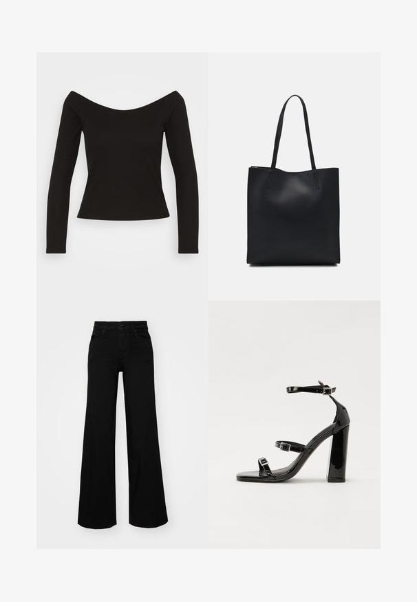 Top negru, cu croi din material ribat, cu mâneci lungi și design off-shoulder, care are o siluetă ajustată. Textura este netedă, iar materialul are o ușoară elasticitate pentru confort.; Pantaloni negri cu picioare largi, din denim, cu un brau structurat, bucle pentru curea și buzunare frontale. Textură netedă, cu un design clasic.; Sandale cu toc din patent negru, cu vârf pătrat, curele la gleznă și catarame din argint. Dispune de un toc gros pentru stabilitate.; Geantă tote neagră din piele, cu textură netedă, formă rectangulară și două mânere lungi. Fără hardware vizibil sau ornamente.