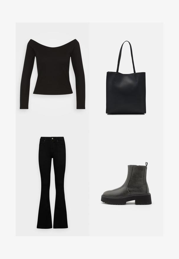 Fekete bordás, hosszú ujjú felső, vállnélküli fazonnal és testhez simuló szabással. Sima textúra, enyhén rugalmas anyag a kényelem érdekében.; Fekete, magas derekú farmernadrág gomb- és cipzárzárral, elülső zsebekkel és harangszárral, laposan egy fehér háttérre terítve.; Fekete bokacsizmák sima szintetikus felsőrésszel, elasztikus oldalbetétekkel, húzófüllel és masszív gumitalppal.; Fekete bőrtáska sima felszínnel, téglalap alakú, két hosszú füllel. Nincs látható fémkiegészítő vagy díszítés.