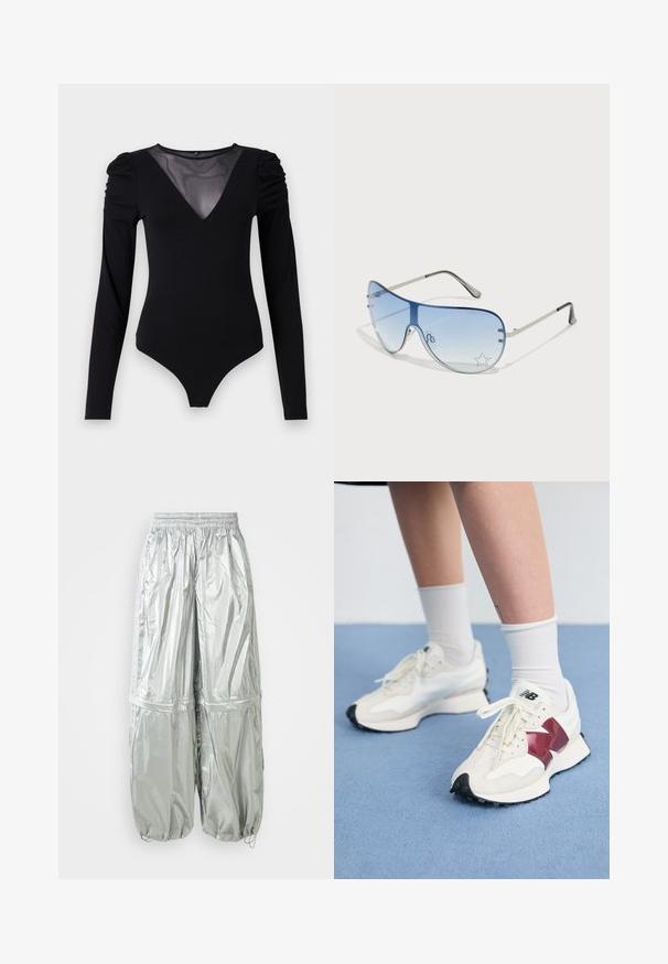 Svart jumpsuit med lange ermer, med en mesh V-hals og gathered skulderdetalj. Glatt stoff med en tettsittende fasong.; Sølv lette cargo-bukser med en skinnende tekstur, elastisk talje, rynkede manchetter og to store frontlommer.; Par med hvite joggesko med bordeaux detaljer, teksturerte paneler, flat svart yttersåle og lette snøringer, iført hvite ankelstrømper.; Pilotbriller med gradient blå linse, sølvfarget metallramme og dekorative stjerneaksenter på linsen. Glatt og stilren design.