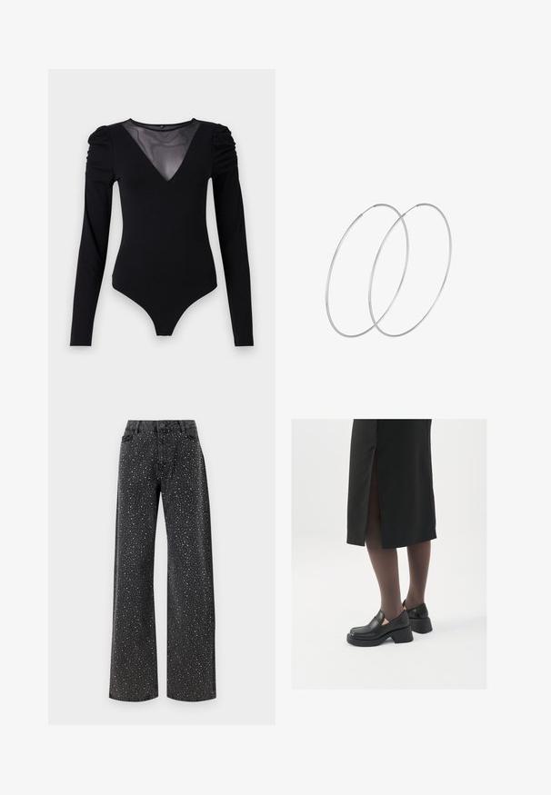 Musta body, jossa on pitkät hihat, verkko V-aukko ja rypytetty olkapäädetalji. Silkkinen kangas, joka muotoilee vartalon.; Noisy May NMJANNEL LOOSE - Relaxed fit -farkut - black denim; Mustat nahkakengät pyöreällä kärjellä, paksulla lohkopohjalla ja joustavilla sivuakkesseilla, yhdistettynä tummiin sukkahousuihin ja mustaan hameeseen, jossa on halkio.; Hopehope hopeilla, joissa on minimalistinen muotoilu. Pyöreä muoto, sileä pinta ja ohut profiili. Kevyet ja kiillotetut.