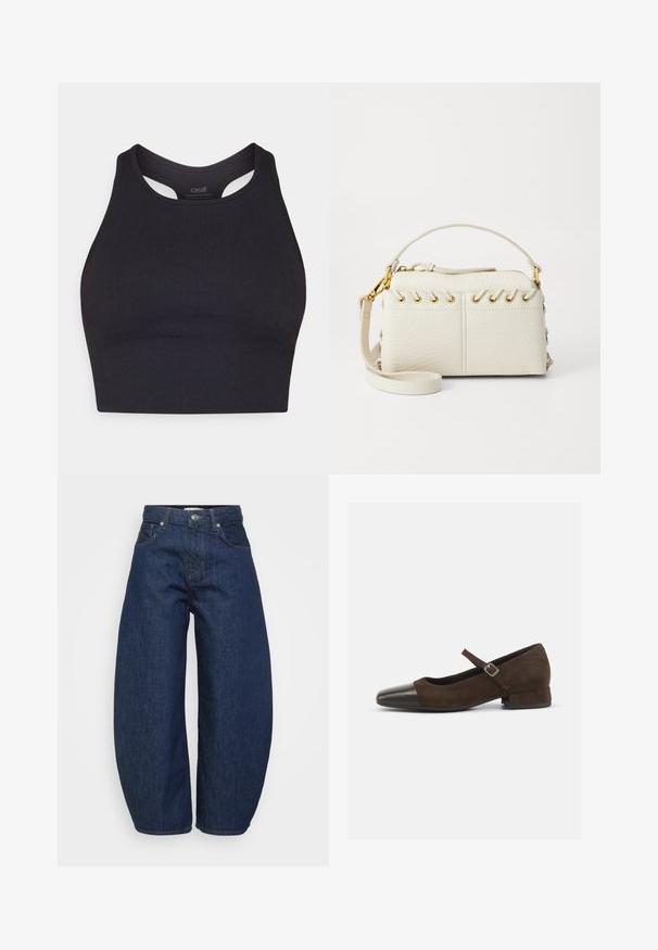 Top corto atlético negro hecho de material acanalado, con un diseño sin mangas y un escote redondeado con detalles en cortes.; Vaqueros de denim azul oscuro con un corte ancho y relajado. Presentan cierre de cremallera, cuatro bolsillos y costuras en contraste a lo largo de las costuras.; Zapato Mary Jane de ante marrón con una puntera de charol negro, correa ajustable y un tacón bajo. Textura suave con acentos mínimos.; Bolsa de mano de imitación cuero blanca que presenta una cremallera superior, un asa corta y una correa de hombro desmontable con herrajes en tono dorado. Detalle de cordones en los lados.; Pendiente de aro de plata con un acabado pulido, que presenta pequeños detalles en dorado y una forma redonda, llevado en el lóbulo.