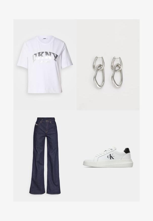 Bílé krátké tričko z bavlny, s kovovým stříbrným potiskem obsahujícím "DKNY" a "New York" v tučných, blokových písmenech.; Tmavě modré džíny s širokým střihem vyrobené z denimové tkaniny, s vysokým pasem, oranžovým prošíváním, pěti kapsami a zapínáním na knoflík.; Bílé nízké tenisky s černým patním tabem, platformovou podrážkou, tkaničkami a logem Calvin Klein "CK" na boku.; Calvin Klein STATEMENT LINKS - Náušnice - silver-coloured