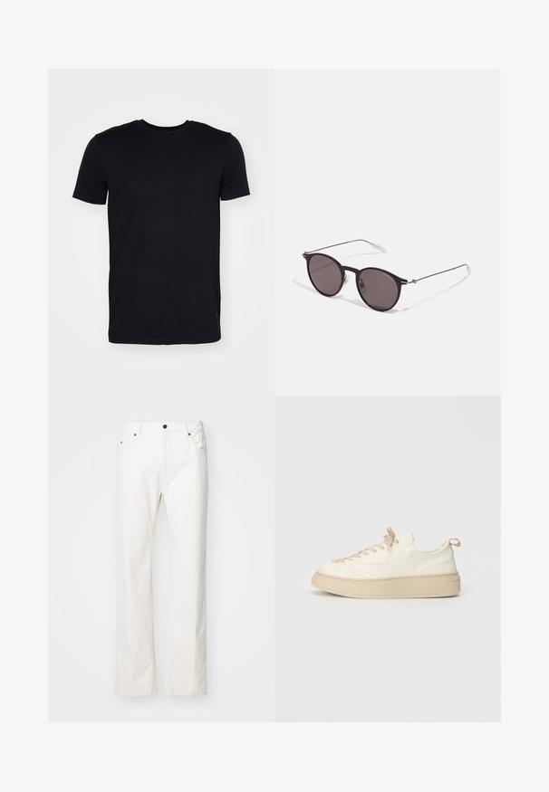T-shirt preto de manga curta feito de algodão macio, com um clássico decote redondo, bainha reta e uma textura subtil. Design simples e de cor sólida.; Jeans de ganga brancos com um design de perna reta, apresentando um estilo de cinco bolsos, fecho em botão de metal e detalhes de costura mínimos.; Sneakers de pele branca com detalhes em bege, apresentando um bico arredondado, atacadores planos, uma sola grossa e um detalhe cosido à volta da base.; Óculos de sol redondos pretos com lentes escuras e hastes metálicas finas. Inclui pontas de templo transparentes e detalhes em prata na dobradiça. Design minimalista.