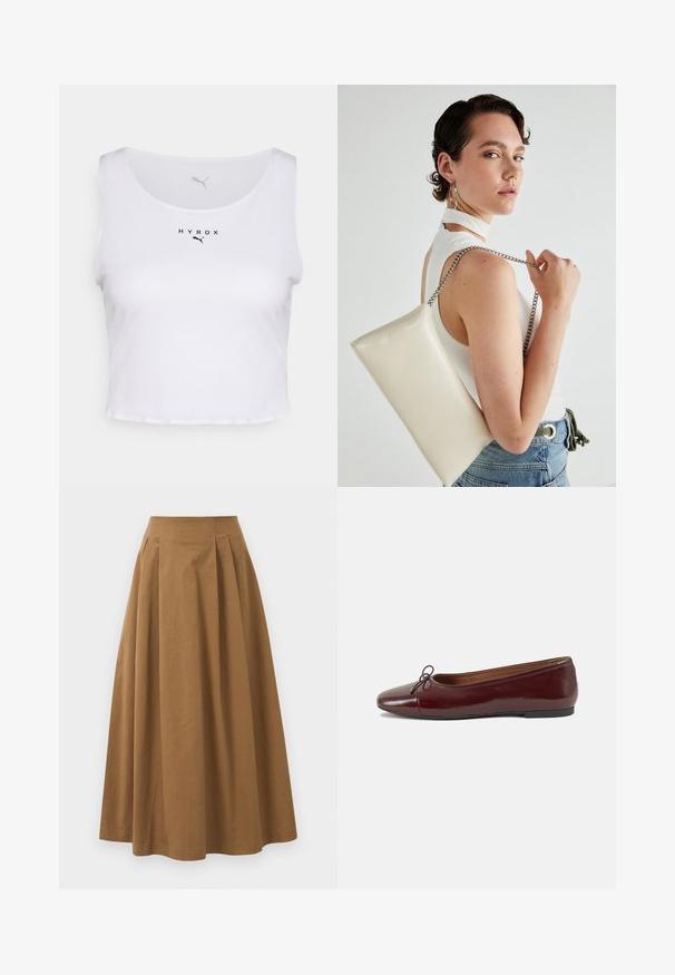 Top corto bianco con un design testurizzato, caratterizzato da un scollatura rotonda e il logo "HYROX" in nero, insieme a un piccolo logo sul petto.; Gonna A-line in cotone marrone con vita alta, caratterizzata da pince sulla parte anteriore e una texture liscia. Le finiture dell'orlo sono pulite e semplici.; Ballerine in pelle verniciata bordeaux con punta arrotondata, piccolo fiocco decorativo sulla parte anteriore e suola bassa in gomma nera. Texture liscia.; Borsa a pochette rettangolare bianca realizzata in materiale lucido, con una tracolla in catena argentata. Il modello posa, mostrando la borsa su uno sfondo semplice.