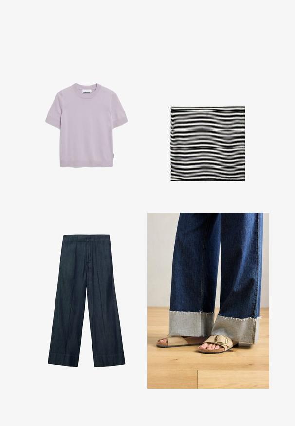 Maglietta a maniche corte in maglia lavanda con collo a giro e polsini a coste, etichettata "ARMEDANGELS" sulla targhetta del colletto.; Pantaloni a gamba larga in denim scuro, con un alto punto vita, pieghe frontali e una texture liscia. L'orlo è dritto senza ulteriori dettagli.; Piedi che indossano sandali Birkenstock beige con fibbie d'oro, abbinati a jeans denim blu scuro arrotolati sulle caviglie, in piedi su un pavimento di legno.; Sciarpa a righe bianche e nere, realizzata in tessuto leggero. Forma rettangolare con righe alternate di diverse larghezze. Texture morbida.; Borsa in pelle marrone scuro con forma curvata, chiusura con zip e manico corto. Caratterizzata da hardware in metallo e bottoni neri decorativi sul lato.
