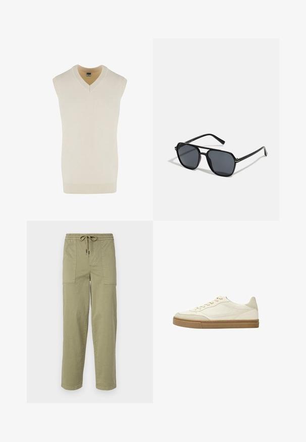 Brezrokavni krem pulover z V-izrezom, izdelan iz mehke pletene tkanine. Ima rebrast ovratnik in spodnji rob ter ravno zasnovan kroj.; Hlače svetlo olivno zelene barve, izdelane iz bombažne mešanice, z elastičnim pasom in vrvico ter dvema velikima stranskima žepoma.; Bele usnjene superge v bež barvi z bež detajli in teksturirano gumijasto podplatom. Imajo tonalne šive in zaobljen dizajn prstov.; Črne sončne naočniki z oktagonalnim okvirjem, temnimi lečami, sijočo površino, tankimi nogicami in zlatimi detajli spredaj.