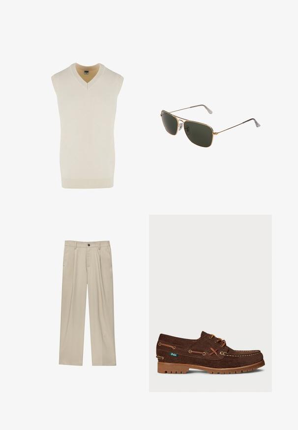 Brezrokavni krem pulover z V-izrezom, izdelan iz mehke pletene tkanine. Ima rebrast ovratnik in spodnji rob ter ravno zasnovan kroj.; Bež hlače ravnega kroja, z enim črnim gumbom, zanke za pas in stranskimi žepi. Gladka tekstura tkanine in minimalističen dizajn.; Rjavi semiš usnjeni čolnar s svetlobranimi vezalkami, kontrastnim šivanjem, gumo podplatom in majhno zeleno oznako blagovne znamke Polo na strani.; Zlate metalne avijacijske sunčane naočare s velikim tamnozelenim lećama, s tankim okvirom i prozirnim nosem jastučićima za udobnost.