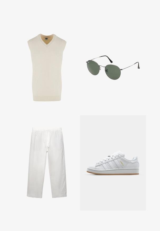Mouwloze crèmekleurige v-hals trui van zacht gebreid materiaal. Heeft een geribbelde halslijn en onderrand, met een recht afgesneden ontwerp.; Witte linnen broeken met een elastische tailleband met koord, een wijd been ontwerp en schone naden. Glad textuur met een casual pasvorm.; Witte sneaker met geperforeerd design met drie strepen, gestructureerde accenten, een rubberen zool en het "CAMPUS" logo in het goud aan de zijkant.; Metalen zonnebril met ovale groene lenzen. Dunne zilveren metalen rand en zwarte oorstoppers. Minimalistisch ontwerp, zonder zichtbare logo's.