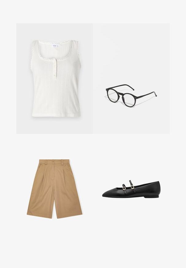 Balta ribota bezdelīga ar izgriezumu, viļņotām malām un piecu pogu aizdari. Satur teksturētas vertikālas svītras.; Beige kokvilnas šorti ar brīvu piegriezumu, ar krokām, pogu aizdari un sānu kabatām. Gluda tekstūra un līdz ceļiem garums.; Melnas ādas plakanas kurpes ar norādītu purngalu, kurām ir divas melnas siksnas un zeltainas kvadrāta sprādzes. Gluda tekstūra un zema zole.; Apaļas melnas saulesbrilles ar caurspīdīgiem stikliem, plānām melnām kājām un maziem metalizētiem akcentiem priekšpusē. Klasisks dizains ar minimālistisku stilu.