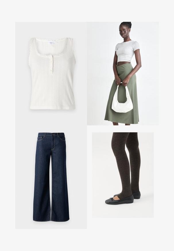 Camisola de alças branca com decote em forma de barco, borda ondulada e placket com cinco botões. Apresenta riscas verticais texturizadas.; Jeans de perna larga em denim azul escuro. Apresenta costura em contraste, cinco bolsos e um fecho de botão na cintura. Textura lisa.; Sapatos planos pretos com um pequeno laço na ponta, emparelhados com meias-calças caneladas castanhas escuras. Os sapatos têm uma textura suave e um design discretamente baixo.; Top cropped cinza em ribas e saia de cintura alta verde-azeitona. Modelo segura uma bolsa branca de ombro com detalhes recortados. Design simples, silhueta justa.