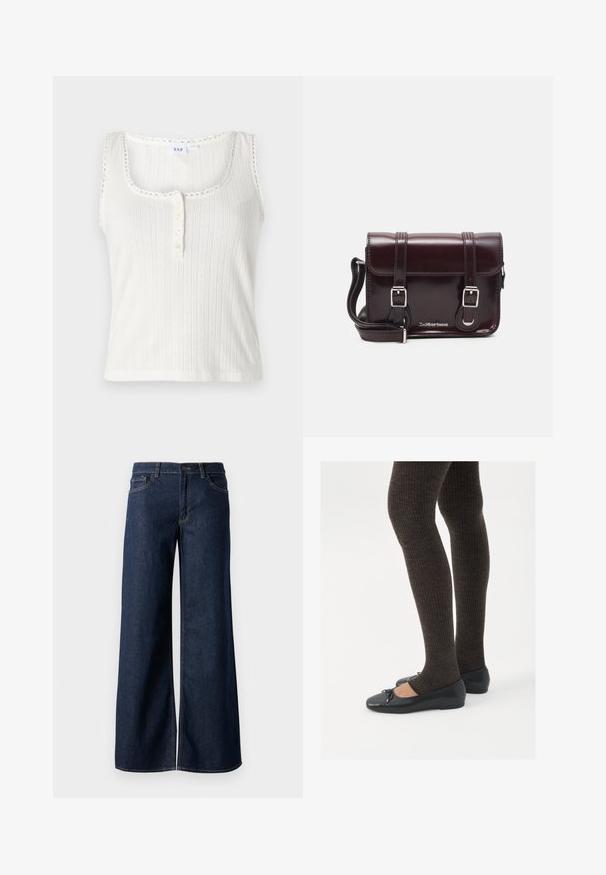 White ribbed tank top with a scoop neckline, scalloped edge, and five-button placket. Features textured vertical stripes.; Wide-leg jeans in dark blue denim. Features contrast stitching, five pockets, and a button closure at the waist. Smooth texture.; Black flat shoes with a small bow detail at the toe, paired with dark brown ribbed tights. Shoes have a smooth texture and low profile.; Burgundy patent leather crossbody bag with a rectangular shape, two straps, silver hardware, and a flap closure.
