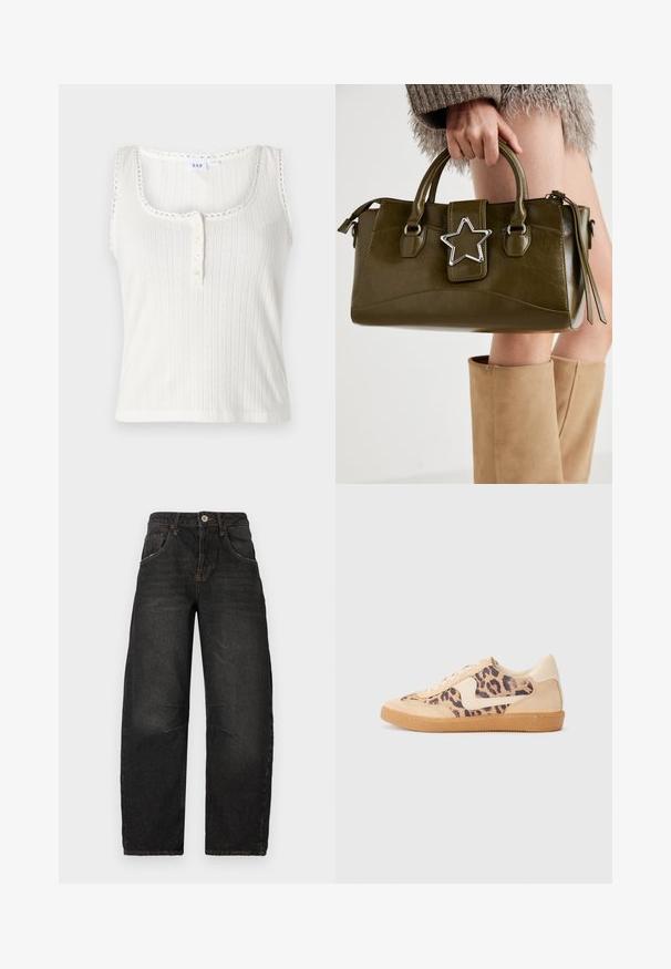 Débardeur blanc côtelé avec une encolure dégagée, un bord festonné et une patte de boutonnage à cinq boutons. Présente des rayures verticales texturées.; Jeans noirs en denim avec une coupe droite, cinq poches, coutures visibles et une fermeture à bouton sur le devant. Tissu texturé avec un léger effet délavé.; Baskets en imprimé léopard avec tige en suède beige, semelle en caoutchouc tan et accents blancs. Bout rond et design à lacets avec une finition texturée.; Sac à main en simili cuir vert olive avec accent étoilé argenté, deux poignées et fermeture éclair. Surface texturée et forme structurée.