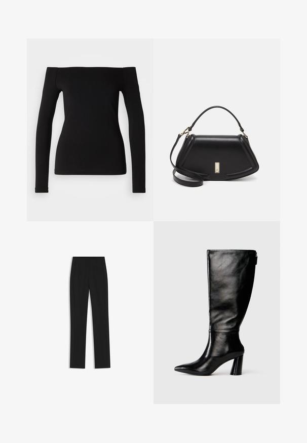 Black long-sleeve top with off-the-shoulder neckline, smooth fabric, fitted design, and a seamless hem. Simple and minimalistic style.; Black tailored trousers with a straight-leg design, featuring front pockets and a smooth, textured fabric. Neat, minimal detailing.; Knee-high black leather boot with a pointed toe, smooth texture, and a chunky heel. Features a zipper detail at the back.; Black leather handbag with a structured design, featuring a cropped shape, top handle, and gold hardware accent. Adjustable shoulder strap included.