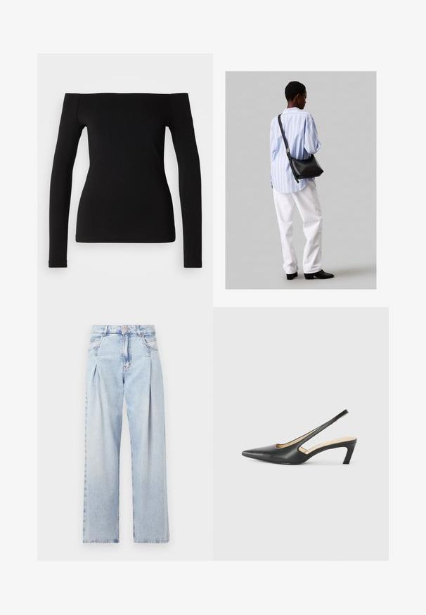 Svart langermet topp med avtagbart skuldre, glatt stoff, tettsittende design og sømlig hem. Enkel og minimalistisk stil.; Lyseblå denimjeans med høy livlinje, vide ben, to sidelommer og plisserte detaljer. Myk tekstur med en falmet finish.; Svart spiss tå slingback-sko med lav hæl, laget av jevnt skinnmateriale og med utskåret design på siden for pusteevne.; Svart lær skulderveske med en myk tekstur, trekantet form og justerbar stropp, kombinert med en lyseblå stripete skjorte og hvite bukser.