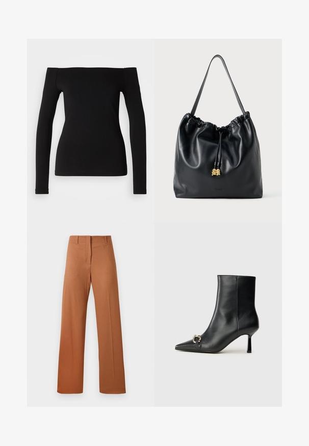 Top negro de manga larga con escote off-the-shoulder, tejido suave, diseño ajustado y dobladillo sin costuras. Estilo simple y minimalista.; Pantalones de pierna ancha en una rica tela marrón, con una textura suave, cintura regular con bucles para cinturón y detalles de pliegues en la parte delantera.; Botín negro de cuero hasta el tobillo con punta afilada, tacón delgado de altura media y detalle de hebilla plateada en el lateral, sobre un fondo liso.; Bolso de drawstring de cuero negro con textura suave, parte superior recogida y sutil herrajes dorados. Cuenta con una sola correa resistente y un logo en relieve.