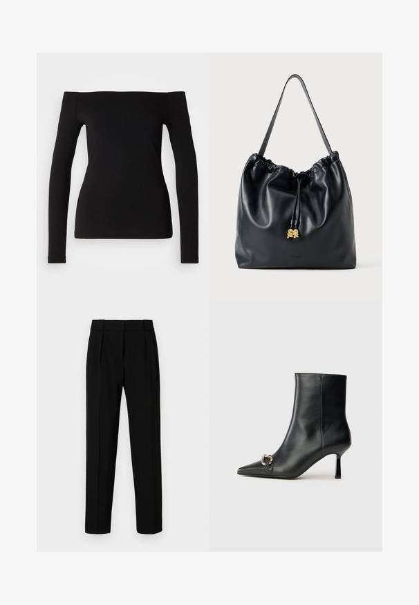 Top negro de manga larga con escote off-the-shoulder, tejido suave, diseño ajustado y dobladillo sin costuras. Estilo simple y minimalista.; Pantalones negros de corte entallado con un ajuste recto, frente con pliegues, tela pulida y cintura media. Sin bolsillos visibles ni detalles de herrajes.; Botín negro de cuero hasta el tobillo con punta afilada, tacón delgado de altura media y detalle de hebilla plateada en el lateral, sobre un fondo liso.; Bolso de drawstring de cuero negro con textura suave, parte superior recogida y sutil herrajes dorados. Cuenta con una sola correa resistente y un logo en relieve.