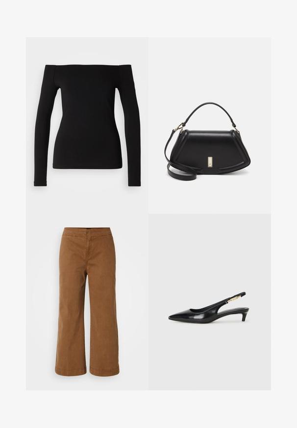 Čierny top s dlhými rukávmi a off-the-shoulder výstrihom, hladká tkanina, priliehavý dizajn a bezšvový lem. Jednoduchý a minimalistický štýl.; Hnedé široké nohavice vyrobené z mäkkého materiálu s hladkou textúrou, s vysokým pásom a prešitými detailmi.; Čierne kožené slingback opätky s špicatou špičkou, s úzkym opätkom a zlatým detailom na nastaviteľnom remienku. Hladká textúra.; Čierna kožená kabelka so štruktúrovaným dizajnom, s krátkym tvarom, hornou rúčkou a zlatými prvkami. Súčasťou je nastaviteľný ramenný popruh.