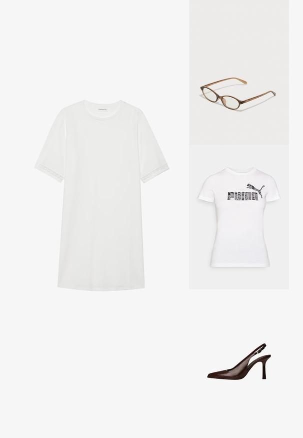 Bílý bavlněný tričko s černobílým maskáčovým logem "PUMA" a grafikou skákajícího pumy nad textem. Krátké rukávy, kulatý výstřih.; Bílá bavlněná šaty s krátkým rukávem. Obsahují dekorativní krajkové detaily na okrajích rukávů. Jednoduchý, uvolněný střih.; Hnědá kožená lodička na tenkém podpatku se špičatou špičkou. Má malou ozdobnou přezku na pásku a lesklý povrch.; Hnědé želvovinové brýle s oválnými skly, tenkými bočními nohami a průhlednými akcenty. Obsahují decentní logo na stranu. Elegantní, lehký design.; Hnědá kožená křížová taška s zakřiveným tvarem, zlatými detaily a akcentem s přezkou. Obsahuje odnímatelný popruh na rameno.