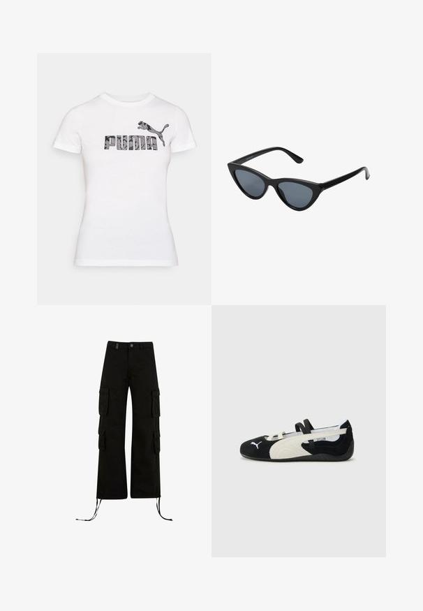 Camiseta de algodón blanca con un logo de "PUMA" en camuflaje negro y gris y un gráfico de un puma saltando encima del texto. Mangas cortas, cuello redondo.; Pantalones cargo negros con un corte relajado, que presentan bolsillos cargo en los laterales, dobladillos con cordón y un cierre de botón en la cintura.; Zapato ultra ligero en blanco y negro con parte superior de ante, suela plana, correas elásticas y un pequeño logo en la puntera.; Gafas de sol negras en forma de ojo de gato con lentes gris oscuro, marco de plástico elegante, esquinas puntiagudas y patillas rectas. Sin herrajes ni acentos visibles.
