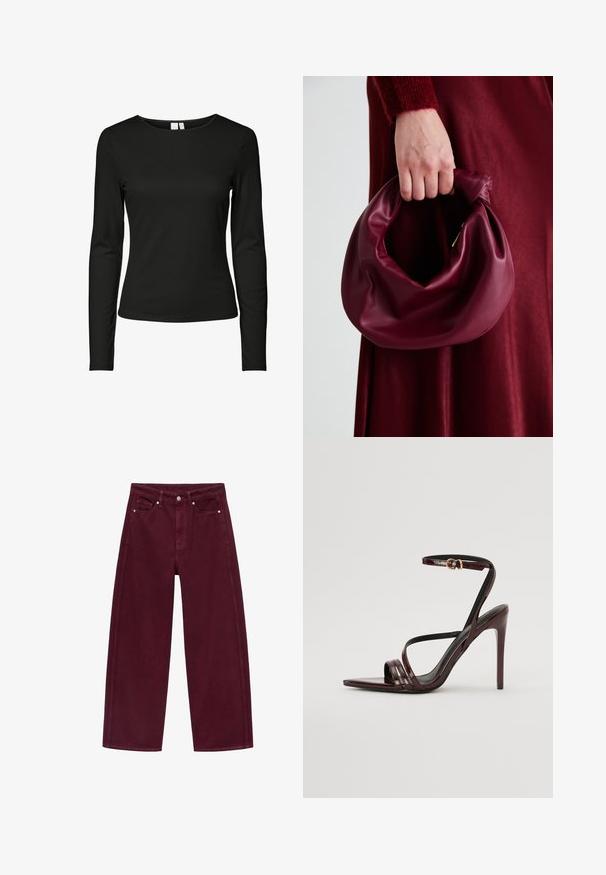 Crna dolga majica s dugim rukavima napravljena od glačane tkanine, s klasičnim okruglim izrezom i uskim krojem bez vidljivih uzoraka ili ukrasnih elemenata.; Bordo široke traperice izrađene od pamuka, s dizajnom od četiri džepa i metalnim kopčanjem koje se slaže s navođenjem.; Bordo patent kožne sandale na visokoj peti s remenčićem oko gležnja, šiljastim vrhom i tri horizontalne trake preko stopala. Detalj s kopčom u zlatnoj boji.; Bordo kožni ruksač s mekim, naboranim dizajnom i zaobljenim oblikom. Ručka je sigurno pričvršćena, pokazujući glatku teksturu.
