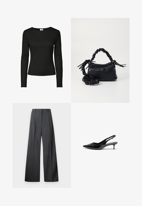 Crna dolga majica s dugim rukavima napravljena od glačane tkanine, s klasičnim okruglim izrezom i uskim krojem bez vidljivih uzoraka ili ukrasnih elemenata.; Hlače širokih nogavica u tamnosivoj tkanini, s visokim strukom, jednim naborom i glatkom teksturom s urednim završetkom na rubovima.; Crne kožne sandale na petu s ikkrenim nosom, malom kitten petom i dekorativnom mašnom sprijeda. Glatka tekstura svuda.; Crna torba od umjetne kože s teksturom krokodila, s cinčanim vrhom i naboranom trakom. Izgleda mekano i kompaktno u dizajnu.