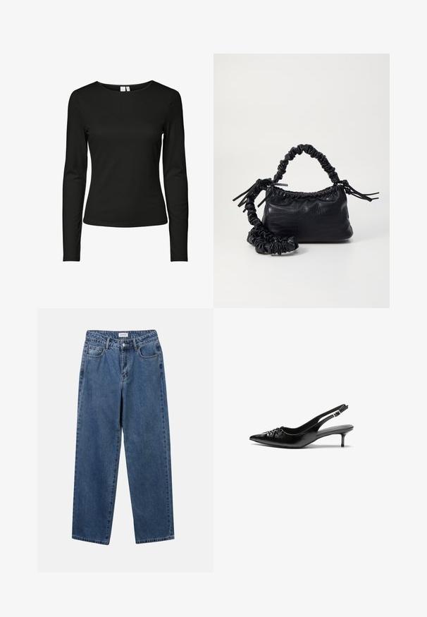 Zwarte langemouwen top van gladde stof, met een klassieke ronde hals en een slim-fit ontwerp zonder zichtbare patronen of versieringen.; Klassieke blauwe denim jeans met een rechte pijp, vijf zakken en een knoopsluiting. Heeft een middelgrote wasbeurt en stevige textuur.; Zwarte leren slingback hakken met een spitse neus, kleine kittenhak en een decoratieve knoopdetail aan de voorkant. Smooth textuur overal.; Zwarte nepleer handtas met een krokodillenstructuur, opgedroogde bovenkant en een gekreukte hengsel. Het lijkt zacht en compact van ontwerp.