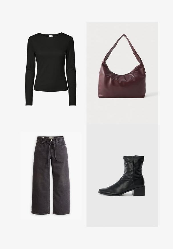 Must have mustern käised must top, mis on valmistatud siledast kangast, klassikalise ümmarguse kaelusega ja sobiva lõikega, millel puuduvad nähtavad mustrid või kaunistused.; Mustad laiad mustad teksapüksid, mis on valmistatud denimist, joonisega vöökoha, viie tasku ja kontrastsete õmblustega. Lame esiosa.; Mustad mustekad kuulsus nahast saapad, millel on ruudukujuline varvas, külgne tõmblukk ja plokkkonts, valge tausta ees.; Sile burgundia nahast õlavarre kott, millel on reguleeritav rihm ja lukuga sulgemine, esitatud lihtsa valge tausta vastu.