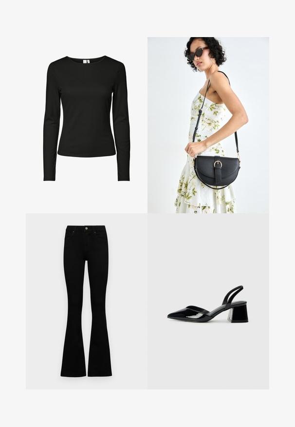 Black long-sleeve top made of smooth fabric, featuring a classic crew neck and a fitted design with no visible patterns or embellishments.; Black high-waist jeans with a button and zip closure, front pockets, and flared legs laid flat on a white background.; Black patent leather slingback heels with a pointed toe and a geometric block heel. Features a sleek, minimal design and smooth texture.; Black leather handbag with a curved shape, detachable strap, and gold hardware. The bag features a flap with a buckle detail.