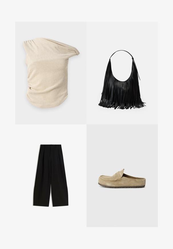 Svetlo bež majica iz teksturirane tkanine, s drapiranim dizajnom i nagomilanim detaljima s jedne strane te širokim dekolteom bez naramenica.; Črne široke hlače iz gladkega materiala, z visokim pasom, gubami spredaj in brez vidnih okraskov ali vzorcev.; Birkenstock NAPLES WRAPPED LEVE TAUPEN - REGULAR - Natikači - taupe; Črna usnjena torba z resicami, ukrivljene oblike in enojnim naramnim trakcem. Gladka tekstura z minimalističnim dizajnom.