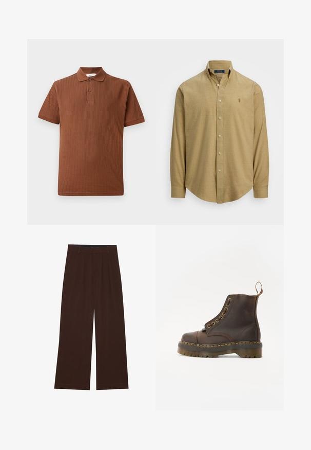 Brun ribbet polo-skjorte med klassisk krage, to-knapp placket og korte ermer. Laget av mykt stoff med teksturert finish.; Lys brun, langermet skjorte med knapper og kragenakke, laget av et teksturert stoff. Har en liten logo på brystet.; Brune vide benbukser med plisseringer. Laget av et glatt stoff, med skjært midjebånd og sidelommer. Flat kant nederst.; Brune lær ankle støvler med rund tå, kontrasterende gul sting, dekorative metal øsinger og en ribbet gummisål.