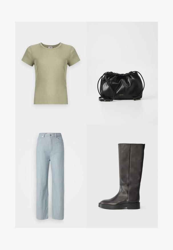 Oliven grønn ribbestrikket t-skjorte med korte ermer, rund halslinning og figursydd passform, laget av mykt bomullsmateriale.; Lys blå rett ben jeans laget av denim. Har fem lommer, en metallknapplukking og subtil slitasje for tekstur.; Svart lærsko med knelange skaft og tykk såle, med en diskret Calvin Klein-logo nær den øverste kanten, vist fra siden.; Svart lærveske med samlet design, dobbel snoråpning og avtagbar skulderrem. Har metallisk logodetalj.