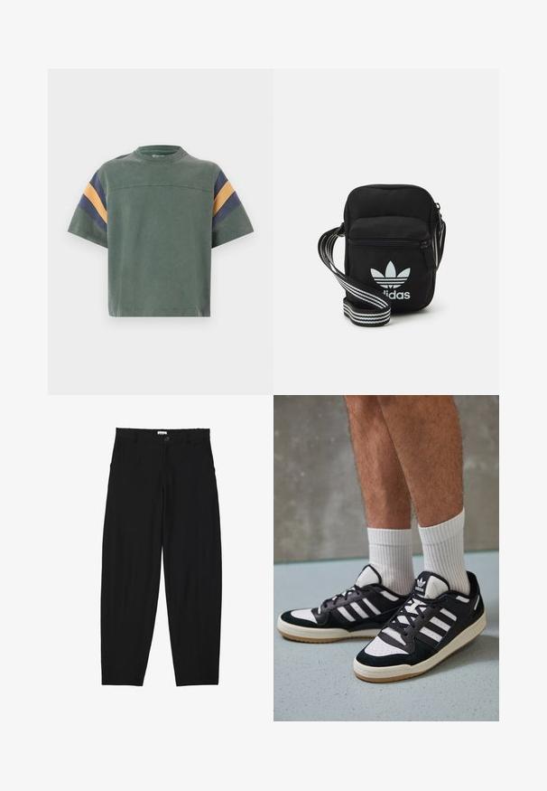 Zelené bavlnené tričko s krátkymi rukávmi, s námorníckymi a horčicovými pruhmi na pleciach a jednoduchým výstrihom do kruhu.; Čierne, ribované nohavice s voľným strihom. Obsahujú predné vrecká a zapínanie na gombík v páse. Mäkká textúra a rovný strih nohavíc.; Čierno-biele tenisky s vrchom z semišu a kože, s troma bielymi pruhmi, perforovanou špičkou a gumovou podrážkou.; Čierna textilná crossbody taška so zipsovým uzáverom, ktorá má biele logo Adidas a pruhovaný nastaviteľný popruh pre jednoduché nosenie.