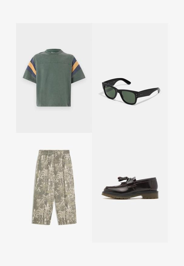 Vihreä puuvillainen t-paita lyhyillä hihoilla, jossa on tummansiniset ja sinapinväriset raidat hartioilla sekä yksinkertainen pyöreä kaula-auko.; Vihreät ja beige camouflaged lehden ja kuoren kuvioiset cargo-housut, joissa on leveät lahkeet, etutaskut ja vyölenkit.; Ruske nahkate loafere z woveno zasnovo, z detajlom v obliki resic in ravnim gumijastim podplatom. Imajo gladek zaključek in kontrastno šivanje.; Mustat suorakulmaiset aurinkolasit vihreillä linsseillä, mattapinta, hienovaraiset metalliosat ja kohokuvioitu logo sankassa.