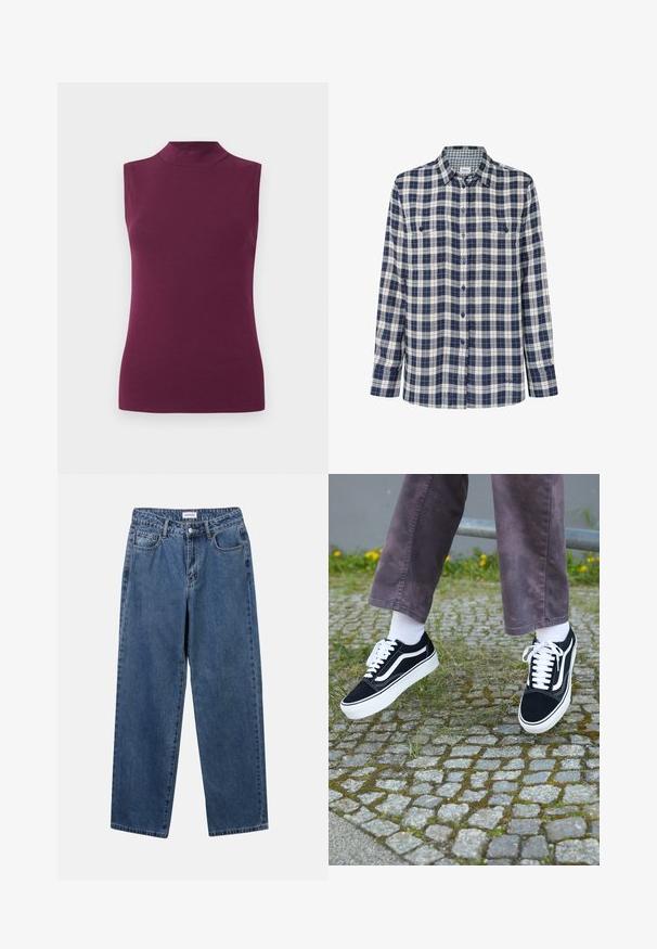 Top senza maniche di un viola prugna con collo alto e silhouette aderente su uno sfondo bianco semplice.; Camicia di flanella a quadri nei colori blu navy, bianco e rosso. Maniche lunghe, chiusura con bottoni, due tasche sul petto e un discreto logo sull'orlo.; Jeans in denim blu classico con design a gamba dritta, cinque tasche e chiusura con bottone. Presentano un lavaggio medio e una trama robusta.; Sneaker in suede nero con dettagli bianchi, caratterizzati da una punta arrotondata, suola spessa bianca e design classico con lacci, indossati con calze bianche e pantaloni viola.