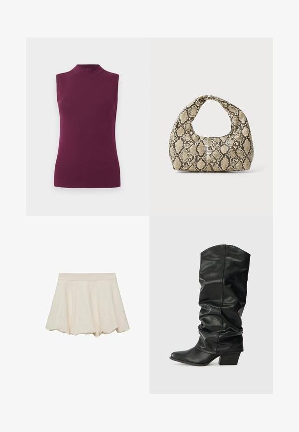 Hedvábný bezramínkový top v švestkové fialové barvě s vysokým výstřihem a přiléhavým střihem na jednoduchém bílém pozadí.; Světle krémová sukně s jemnou, hladkou texturou, rozšířeným střihem a vlnkovaným lemem. Má široký, elastický pas pro pohodlí.; Černé kožené vysoké boty po kolena se sklopeným designem, špičatou špičkou a masivním podpatkem, s hladkým povrchem a minimálním šitím.; Kabelka s hadím vzorem a zakřiveným držadlem. Vyrobena z texturovaných béžových a hnědých materiálů, s charakteristickým diamantovým vzorem.