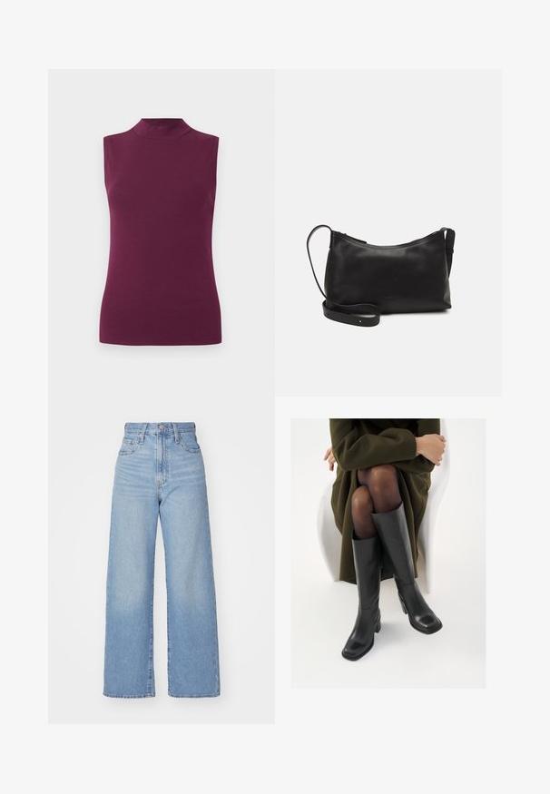Ujjatlan szilva lila, magas nyakú blúz, szűk fazonnal, sima fehér háttér előtt.; Világoskék, magas derekú, bő szárú farmernadrág, elülső gombbal és cipzárral, elülső és hátsó zsebekkel, fehér háttérrel.; Térdfelett érő fekete bőr csizmák négyzet alakú orral és tömbtalppal, olajzöld kabátban ülő modellel bemutatva. Simaság, minimalista részletezés.; Fekete bőr válltáska sima felülettel, ívelt formával, állítható pánttal és cipzáras záródással. Minimalista dizájn díszítmények nélkül.