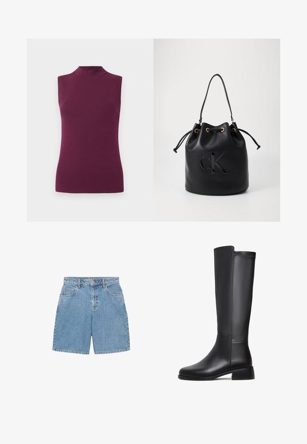 Ærmeløs blomme lilla top med høj hals og tætsiddende silhuet på en ensfarvet hvid baggrund.; Denimshorts i lyseblå, med høj talje, fire lommer og synlige syninger. Lavet af tekstureret denimstof.; Sorte læderknæhøje støvler med en glat tekstur, rund tå, lav blokhæl og diskret syning langs siden.; Sort læder bucket bag med snørelukning, der har et glosseret "CK" logo foran og hardware accenter i guld-tone.