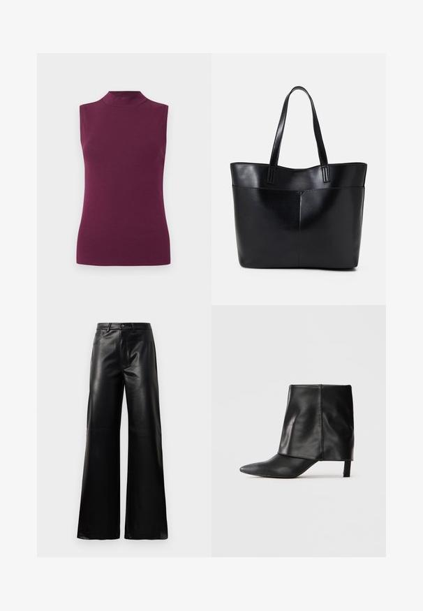 Top brez rokavov v slivasto vijolični barvi z visoko ovratnikom in prilegnjeno silhueto na enobarvnem belem ozadju.; Črne široke hlače iz umetnega usnja z visokim pasom, sprednjim gumbom, zadrgo, zanke za pas in stranskimi žepi na beli podlagi.; Črne usnjene škornje do meč z ostrem nosom, zloženo zgornje dela in vitkim nizkim peto, ki stojijo na beli podlagi.; Črna usnjena torba z dvema dolgima ročajema, gladko teksturo in strukturirano obliko. Ima sprednji žep za dodatno shranjevanje.