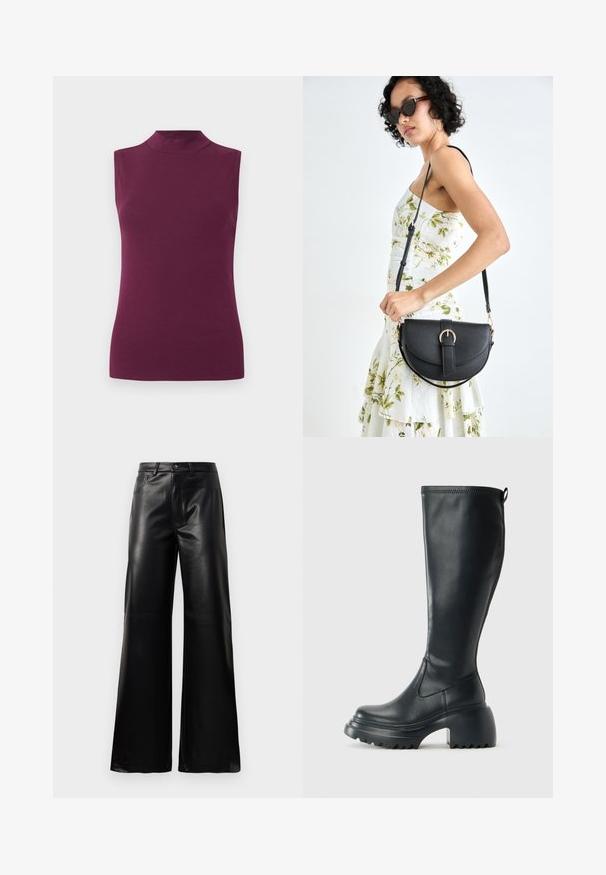 Bežys su rankovėmis, slyvų purpurinės spalvos aukštu kaklu viršus su prigludusia siluetu ant baltos fono.; Juodos aukšto juosmens plačios kojų dirbtinės odos kelnės su priekiniais mygtukais, užtrauktuku, diržo kilpomis ir šoninėmis kišenėmis ant balto fono.; Ilgas juodos odinės batai su masyvi platforma ir stačiakampiu kulnu, turintys traukimo kilpą ir tekstūruotą pado raštą.; Juodas odinis krepšys su išlenkta forma, nuimamu dirželiu ir auksiniais detalėmis. Krepšys turi kilpą su sagtimi.