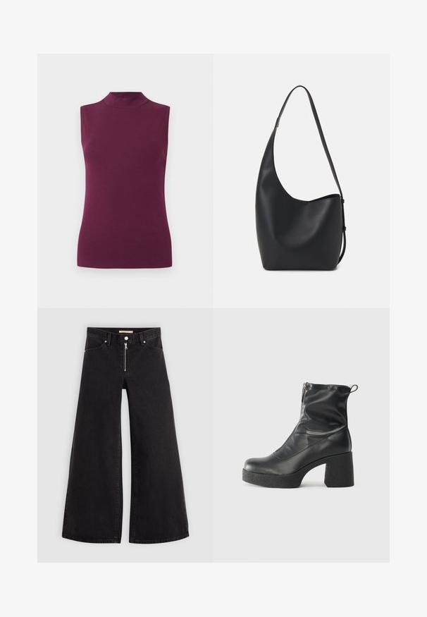 Haut sans manches de couleur prune, à col haut et silhouette ajustée sur fond blanc uni.; Jean large en denim noir avec une fermeture éclair à l'avant, un design à cinq poches et des détails de couture subtils. Texture lisse et style décontracté.; Bottes noires à la cheville en cuir lisse, dotées d'une fermeture éclair sur le côté, d'un talon épais texturé et d'une conception à bout rond.; Sac hobo en cuir noir avec une texture lisse, une forme incurvée et une seule sangle réglable ; dispose d'une large ouverture en haut.