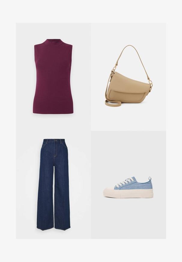 Bez piedurknēm plūmju purpura augstais tops ar pieguļošu siluetu uz vienkrāsaina baltā fona.; Augstas jostas līmeņa plaša kāju tumši zila džinsu bikses ar priekšējiem un aizmugurējiem kabatām, poga aizdare un redzami šuvju detaļas.; Gaiši zili kanvas sneakeri ar krēmkrāsas gumijas pirksta aizsargu un ārējo zoli, aprīkoti ar baltām šņorēm un cilpu uz papēža.; Even&Odd Rokassoma - beige