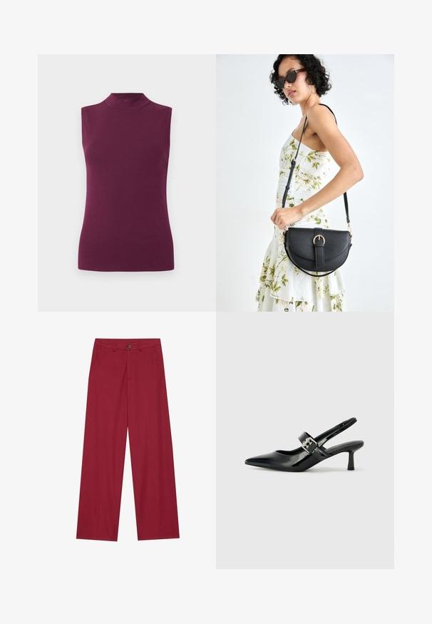 Ärmelloses, pflaumenrotes, hochgeschlossenes Oberteil mit taillierter Silhouette auf einem schlichten weißen Hintergrund.; Weite Hosen aus glattem, strukturiertem Stoff in einem tiefen Rotton. Sie verfügen über frontale Taschen und einen einzelnen Knopfverschluss an der Taille.; Schwarze Lackleder Slingback-Absätze mit spitzem Zeh und kleinem Blockabsatz, ausgestattet mit einem silbernen Schnallenakzent am Riemen.; Schwarze Lederhandtasche mit geschwungener Form, abnehmbarem Tragegurt und goldenen Beschlägen. Die Tasche verfügt über einen Deckel mit einer Schnallen-Details.