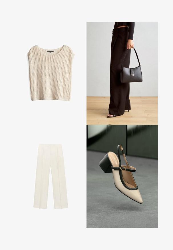 Crème-kleurige gebreide top met een losse pasvorm, voorzien van een gestructureerd ruitpatroon en brede, open mouwen. Ronde halslijn met knoopdetail.; Wijdgevallen broeken in een lichtcrème kleur. Gemaakt van een zachte stof met plooien aan de voorkant en zijzakken.; Beige puntige slingback schoen met zwarte rand, gouden gesp en een chunky blokhak op een grijze vloer met een donker groene achtergrond.; Zwarte handtas met gestructureerde vorm, gladde textuur en een metalen sluiting. Gecombineerd met brede zwarte broeken en sandalen met open teen op een houten vloer.