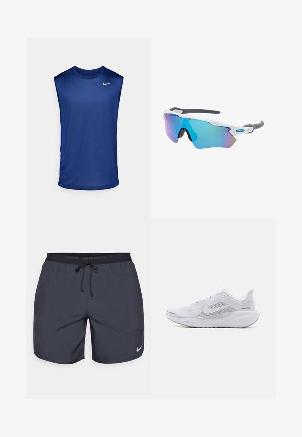 Nike Performance TEE RESET - Top - blue void/matte silver; Dunkelgraue Nike Laufshorts mit einem elastischen Bund und einem Zugband sowie einem silbernen Logo-Akzent am unteren rechten Bein.; Weißer Sportschuh mit einem Obermaterial aus Mesh, glatten Überzügen, grauen Akzenten, Schnürsenkeln und einer gepolsterten Sohle, die für Leistung ausgelegt ist.; Sonnenbrille mit einem weißen Rahmen, grauen Akzenten und blauen Spiegellinsen. Sportliches Design, umschließende Form und verstellbare Nasenpads.